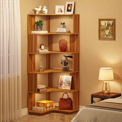 Multifunctional Wooden Grain 6 Shelf Corner L Bookcase Organizer