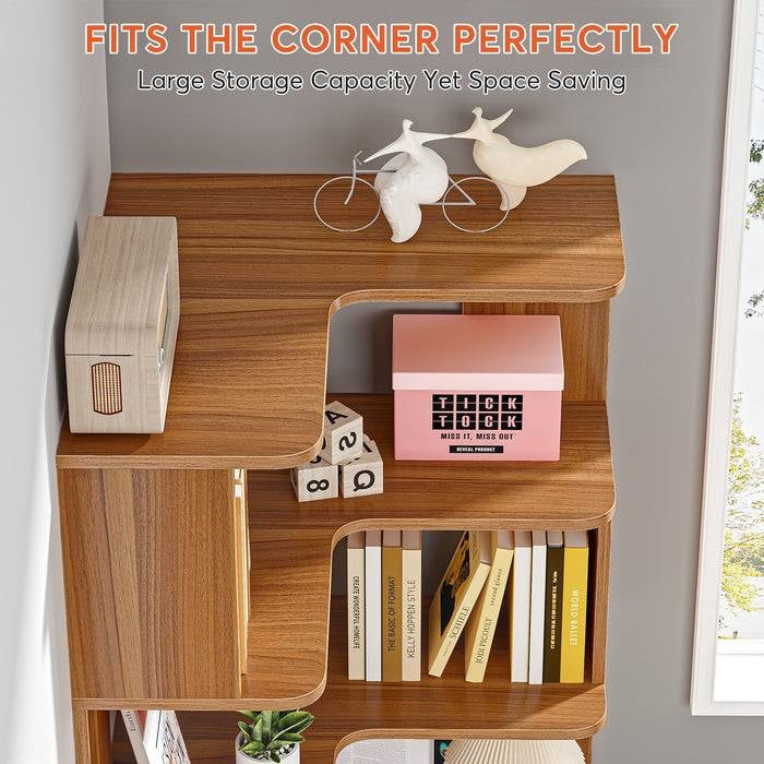 Multifunctional Wooden Grain 6 Shelf Corner L Bookcase Organizer