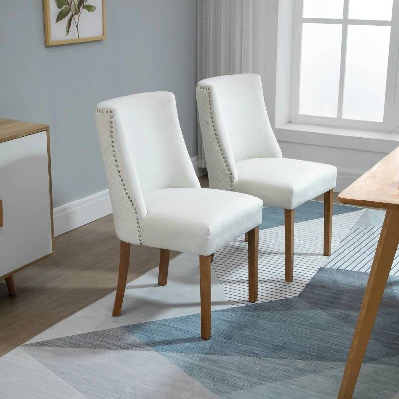 Set of 2 Modern High Back Nail heads Diamond Stitches Upholstered Dining Chairs, Creamy White