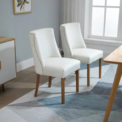 Set of 2 Modern High Back Nail heads Diamond Stitches Upholstered Dining Chairs, Creamy White