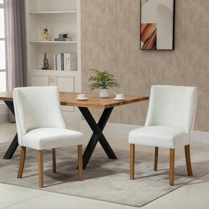 Set of 2 Modern High Back Nail heads Diamond Stitches Upholstered Dining Chairs, Creamy White