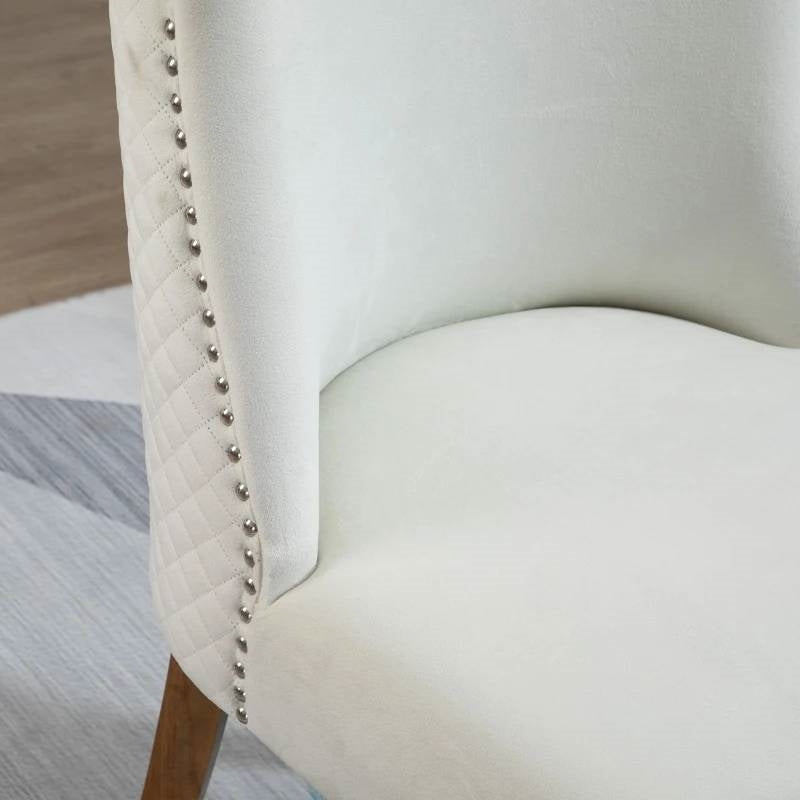 Set of 2 Modern High Back Nail heads Diamond Stitches Upholstered Dining Chairs, Creamy White