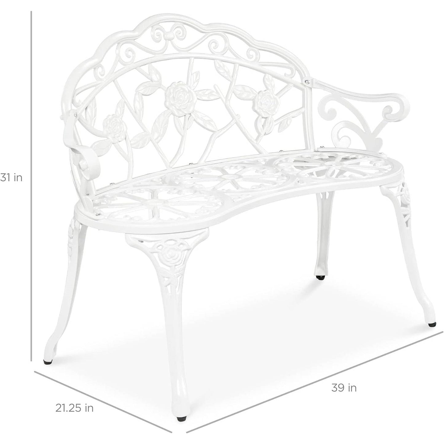 Outdoor Patio 39-inch Garden Bench with Backrest in White Metal Finish