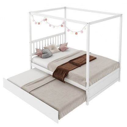 White Full Size Canopy Platform Bed with Twin Trundle Bed