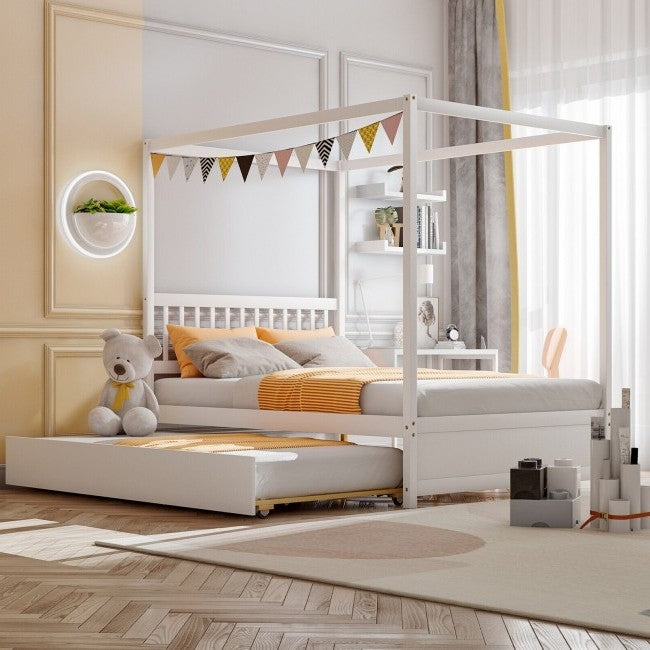 White Full Size Canopy Platform Bed with Twin Trundle Bed
