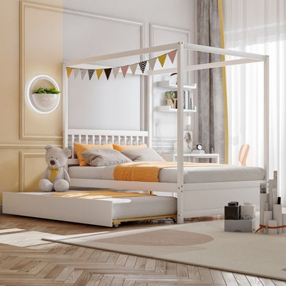 White Full Size Canopy Platform Bed with Twin Trundle Bed