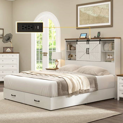 Full - White Sliding Barn Door Bookcase Wooden Platform Bed Storage Drawers