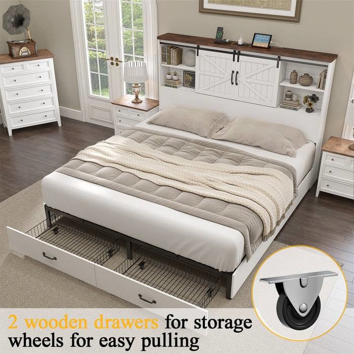 Full - White Sliding Barn Door Bookcase Wooden Platform Bed Storage Drawers