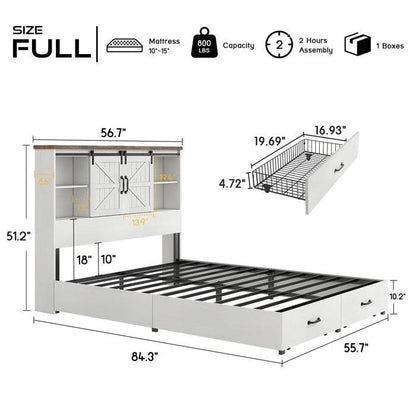 Full - White Sliding Barn Door Bookcase Wooden Platform Bed Storage Drawers