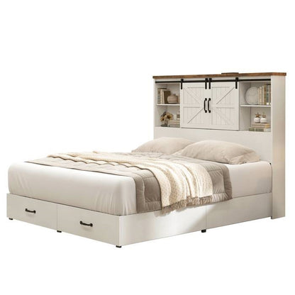Queen - White Sliding Barn Door Bookcase Wooden Platform Bed Storage Drawers