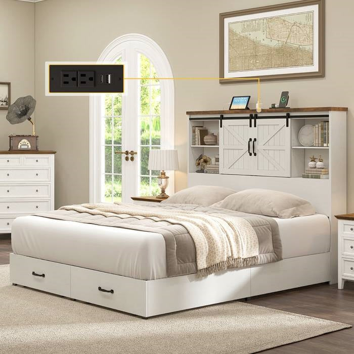 Queen - White Sliding Barn Door Bookcase Wooden Platform Bed Storage Drawers