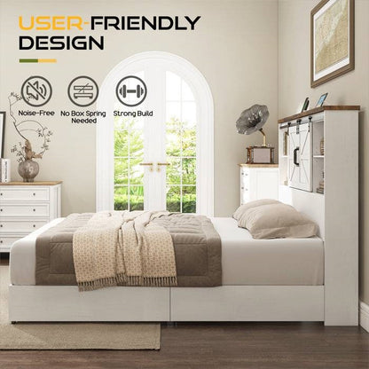 Queen - White Sliding Barn Door Bookcase Wooden Platform Bed Storage Drawers