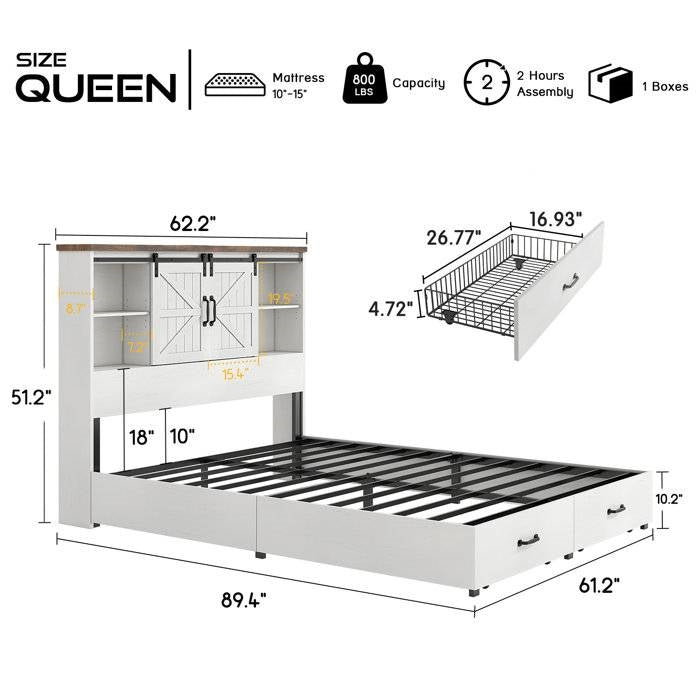Queen - White Sliding Barn Door Bookcase Wooden Platform Bed Storage Drawers