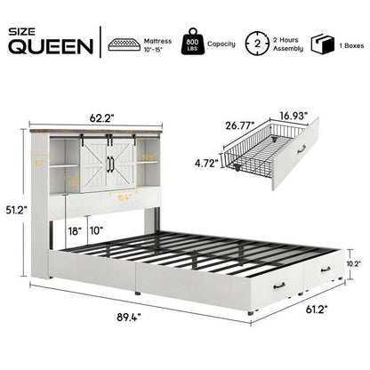 Queen - White Sliding Barn Door Bookcase Wooden Platform Bed Storage Drawers