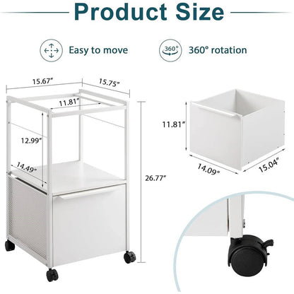 White Metal Wood Rolling File Cabinet with Open File Hanging Bar