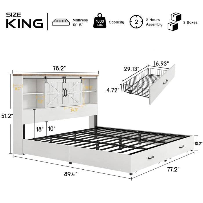 King - White Sliding Barn Door Bookcase Wooden Platform Bed Storage Drawers