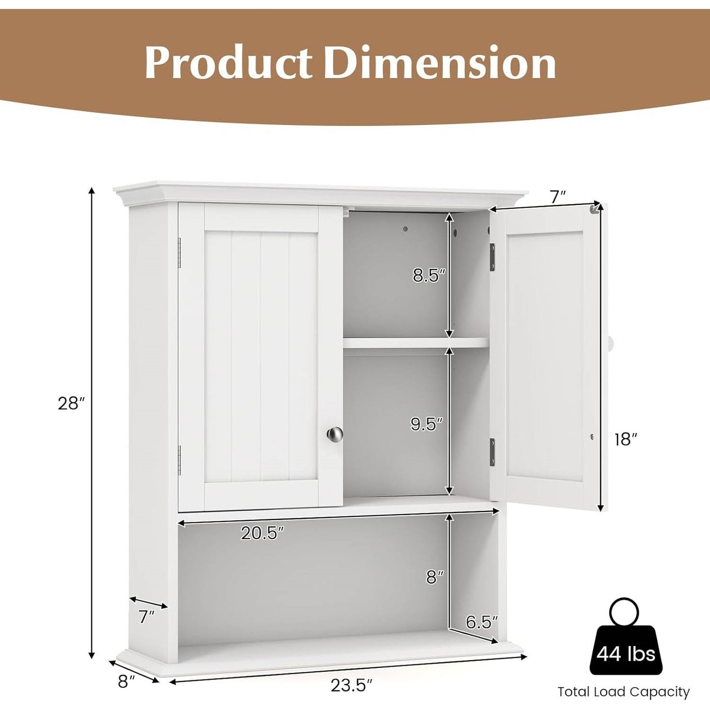 Wall Mounted Bathroom Medicine Cabinet with Open Storage Shelf in White