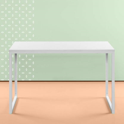Modern Home Office Desk with White Metal Frame and Wood Top