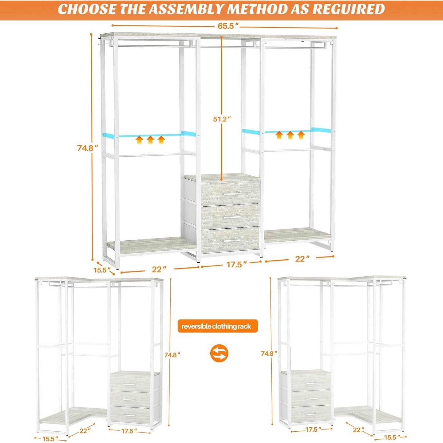 Heavy Duty White Metal Freestanding Garment Rack with 3 Fabric Drawers