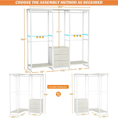 Heavy Duty White Metal Freestanding Garment Rack with 3 Fabric Drawers