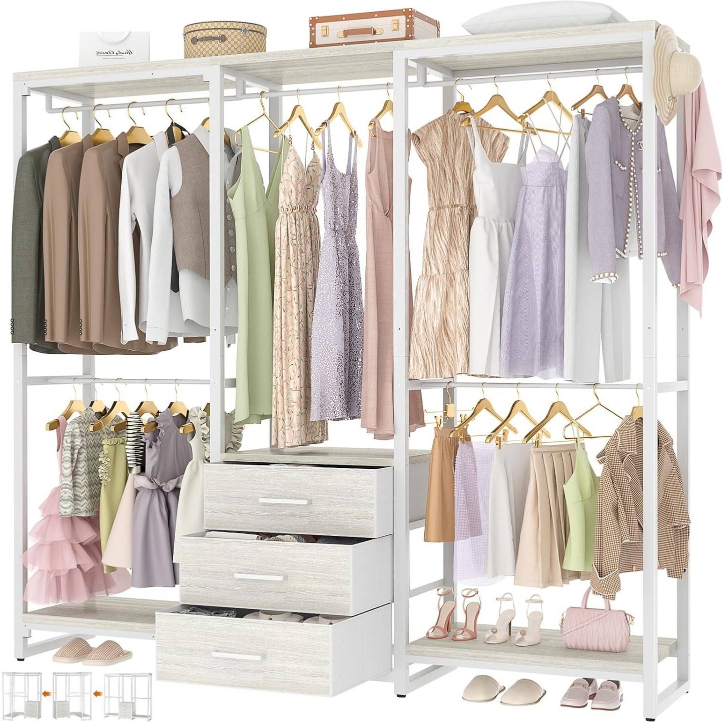Heavy Duty White Metal Freestanding Garment Rack with 3 Fabric Drawers