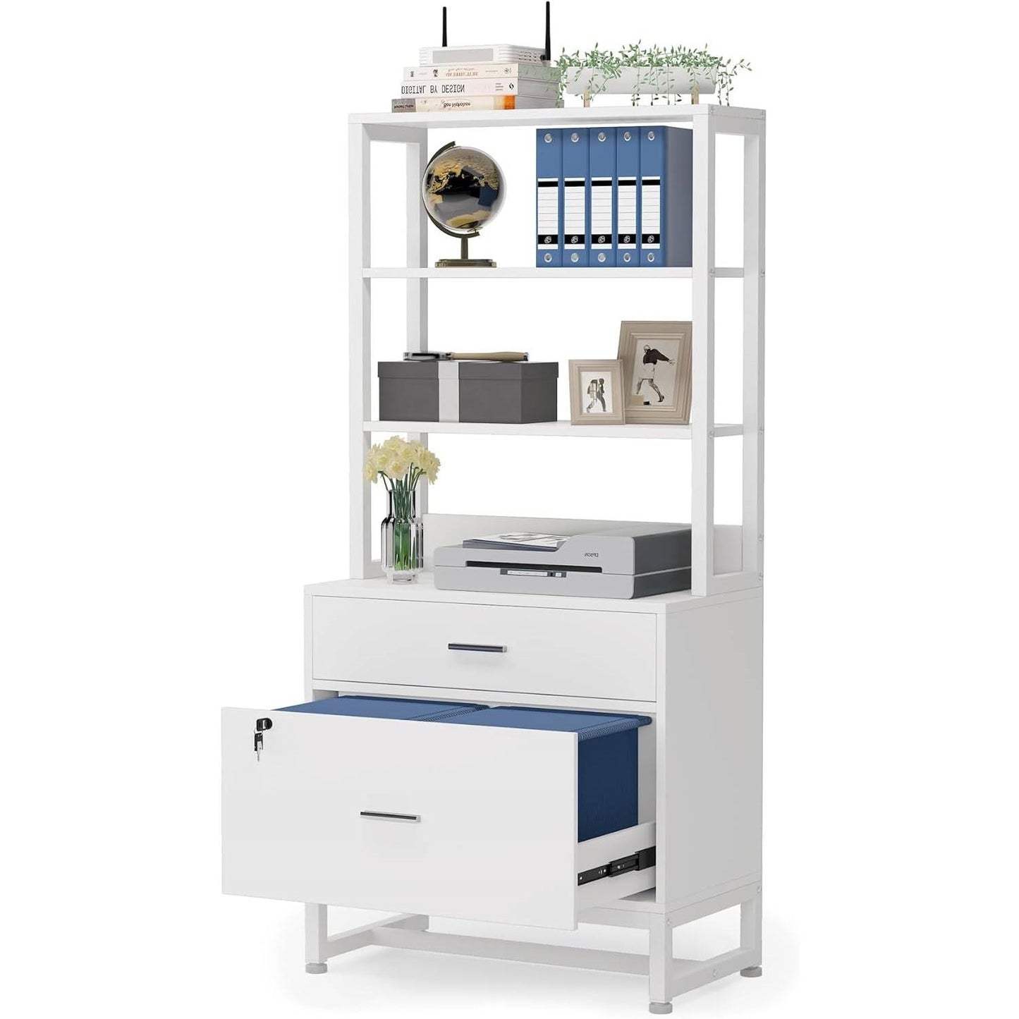2 Drawer Office Lockable Filing Cabinet Bookshelf with Open Shelves, White