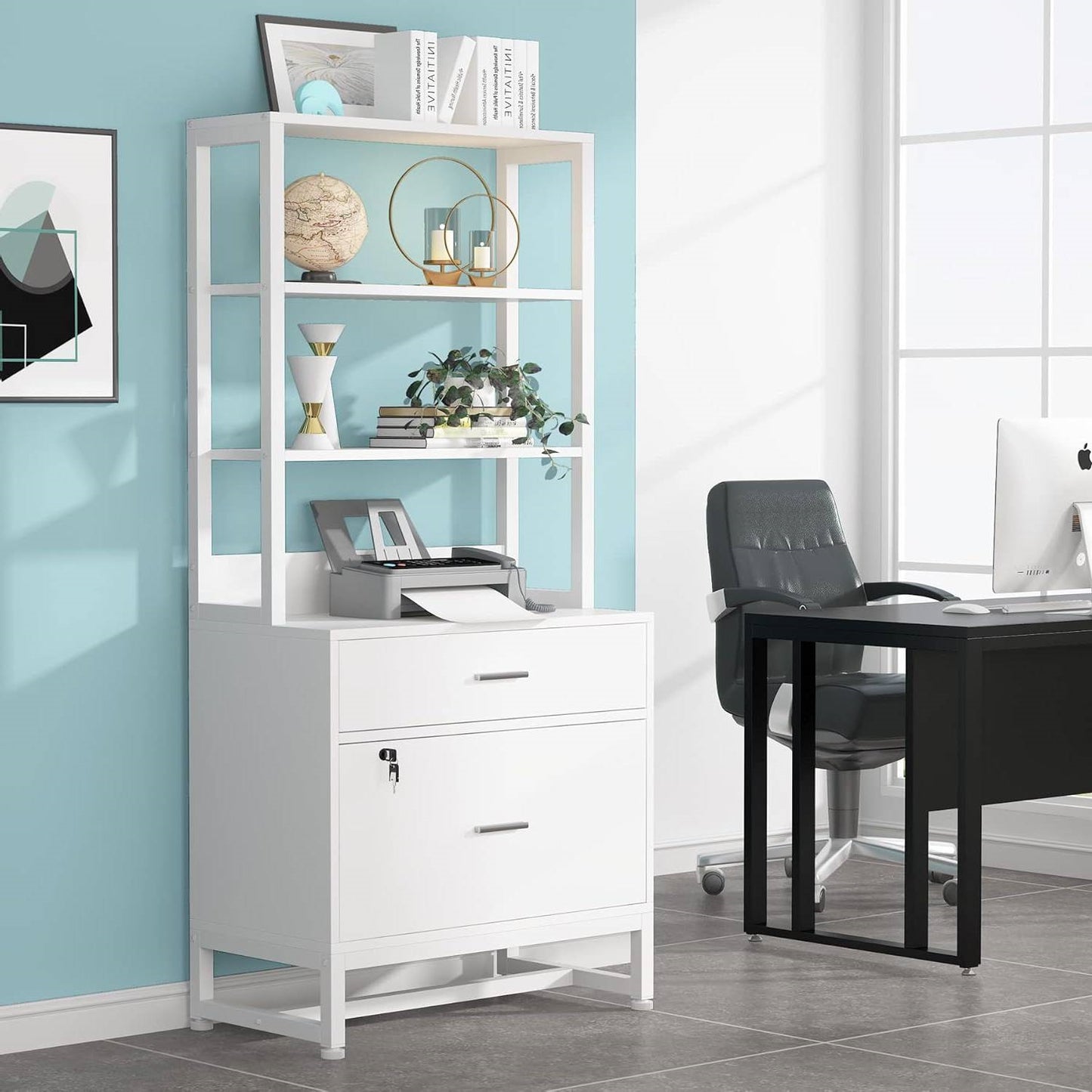 2 Drawer Office Lockable Filing Cabinet Bookshelf with Open Shelves, White