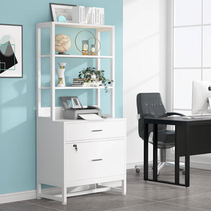 2 Drawer Office Lockable Filing Cabinet Bookshelf with Open Shelves, White