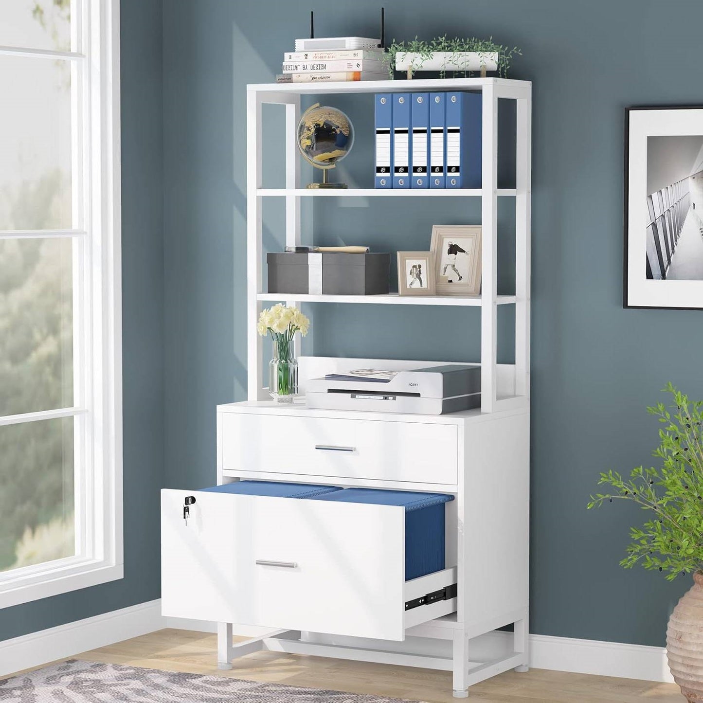 2 Drawer Office Lockable Filing Cabinet Bookshelf with Open Shelves, White