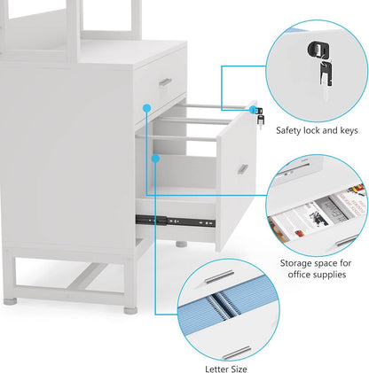 2 Drawer Office Lockable Filing Cabinet Bookshelf with Open Shelves, White
