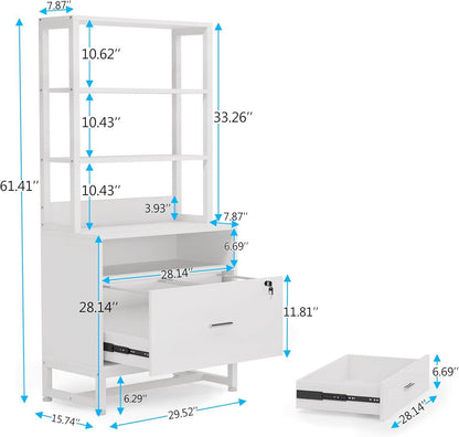 2 Drawer Office Lockable Filing Cabinet Bookshelf with Open Shelves, White
