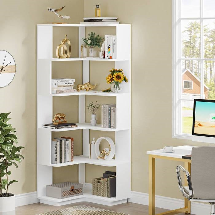 Multifunctional White Grain 6 Shelf Corner L Bookcase Organizer