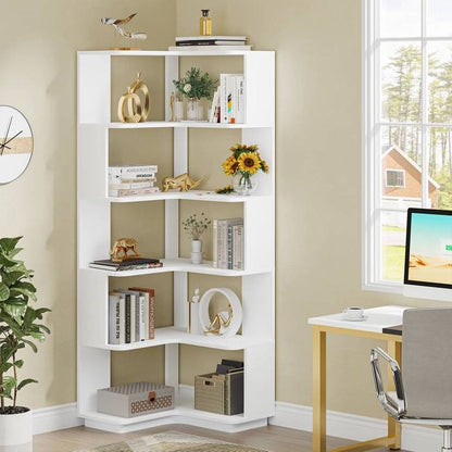 Multifunctional White Grain 6 Shelf Corner L Bookcase Organizer