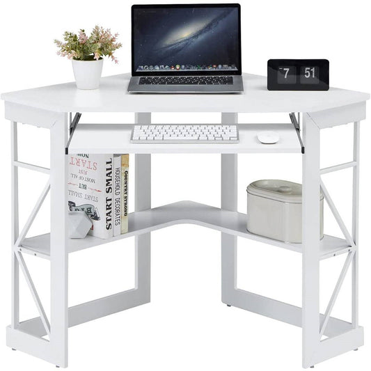 Multifunctional Corner Computer/Writing Desk Keyboard Tray Storage Shelves White
