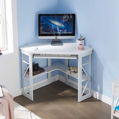 Multifunctional Corner Computer/Writing Desk Keyboard Tray Storage Shelves White
