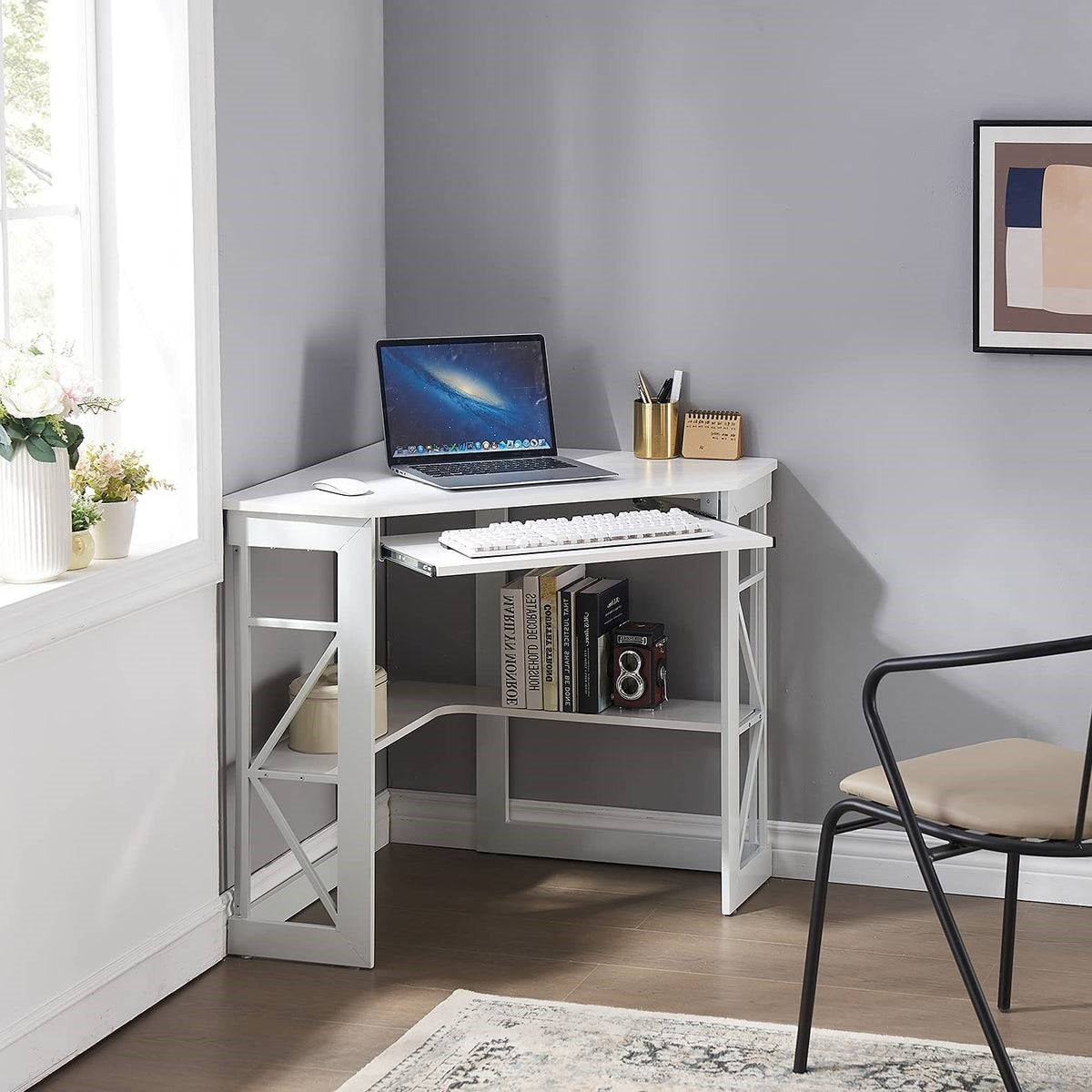 Multifunctional Corner Computer/Writing Desk Keyboard Tray Storage Shelves White