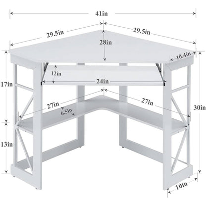 Multifunctional Corner Computer/Writing Desk Keyboard Tray Storage Shelves White