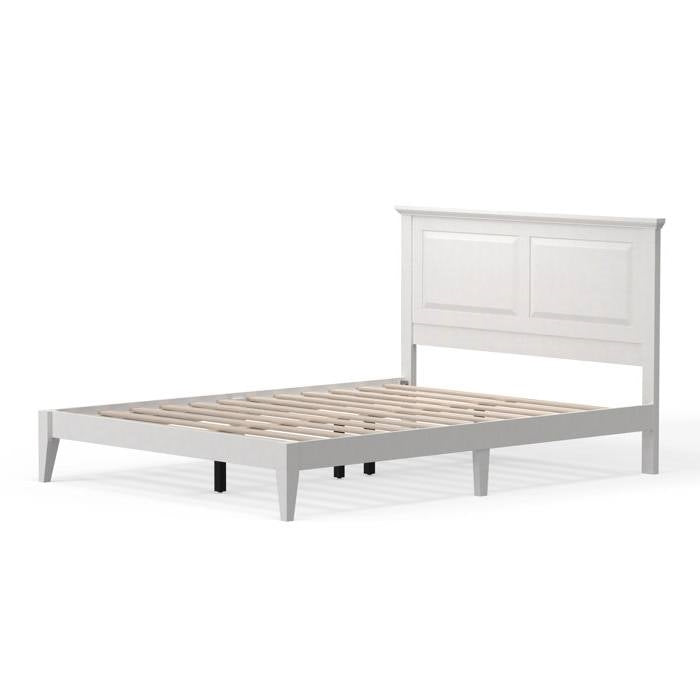 Queen Size Retro Solid Oak Wooden Platform Bed in White