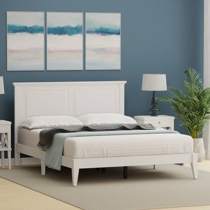 Queen Size Retro Solid Oak Wooden Platform Bed in White