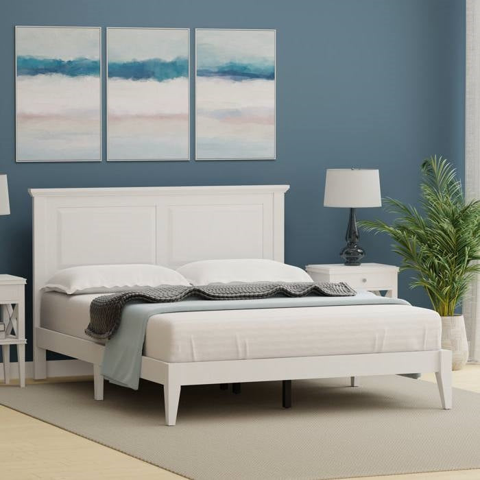 Queen Size Retro Solid Oak Wooden Platform Bed in White