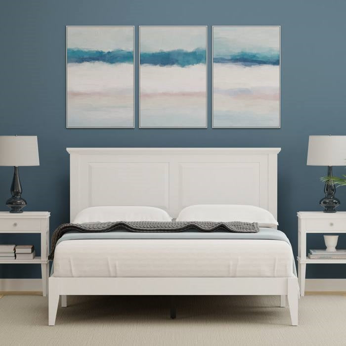 Queen Size Retro Solid Oak Wooden Platform Bed in White