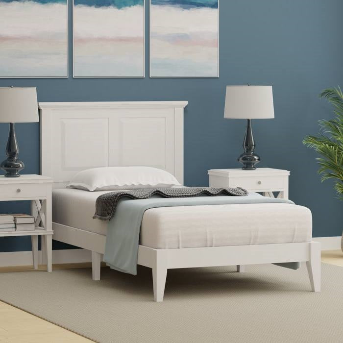 Twin Size Retro Solid Oak Wooden Platform Bed in White
