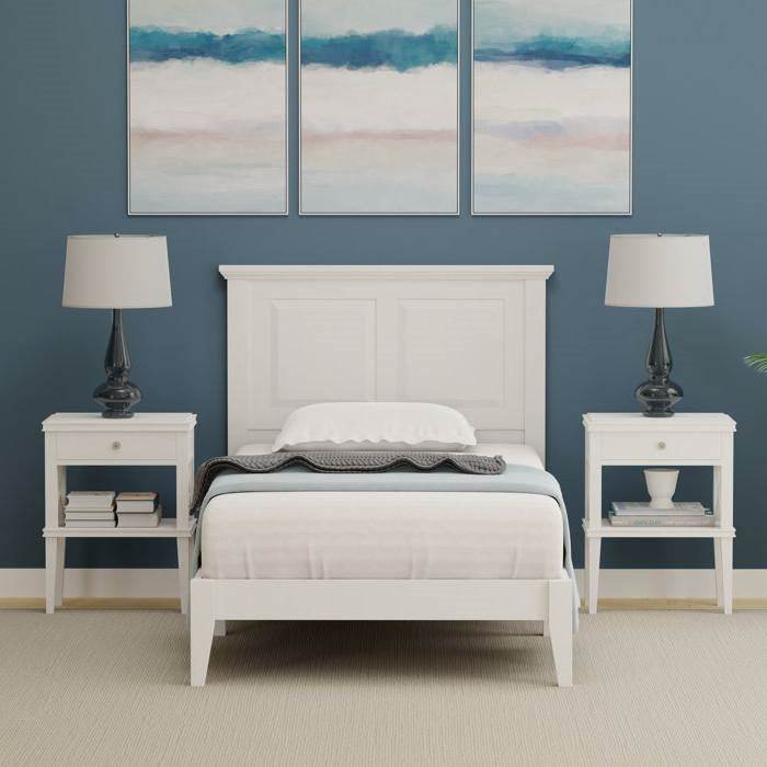 Twin Size Retro Solid Oak Wooden Platform Bed in White