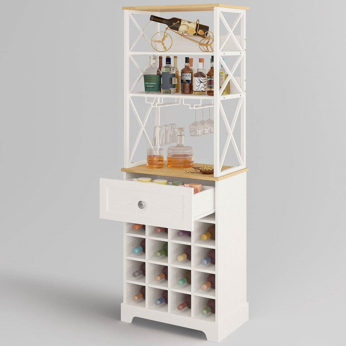 White/Natural Wine Bottle &amp; Glass Rack Cabinet Bar Storage