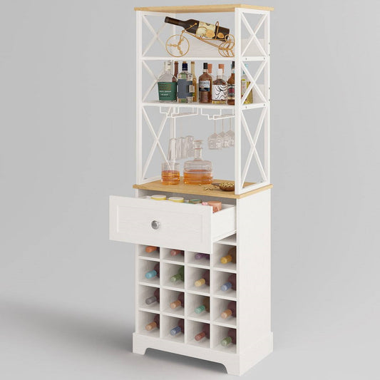 White/Natural Wine Bottle &amp; Glass Rack Cabinet Bar Storage