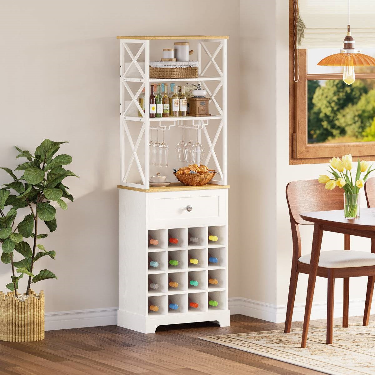 White/Natural Wine Bottle &amp; Glass Rack Cabinet Bar Storage