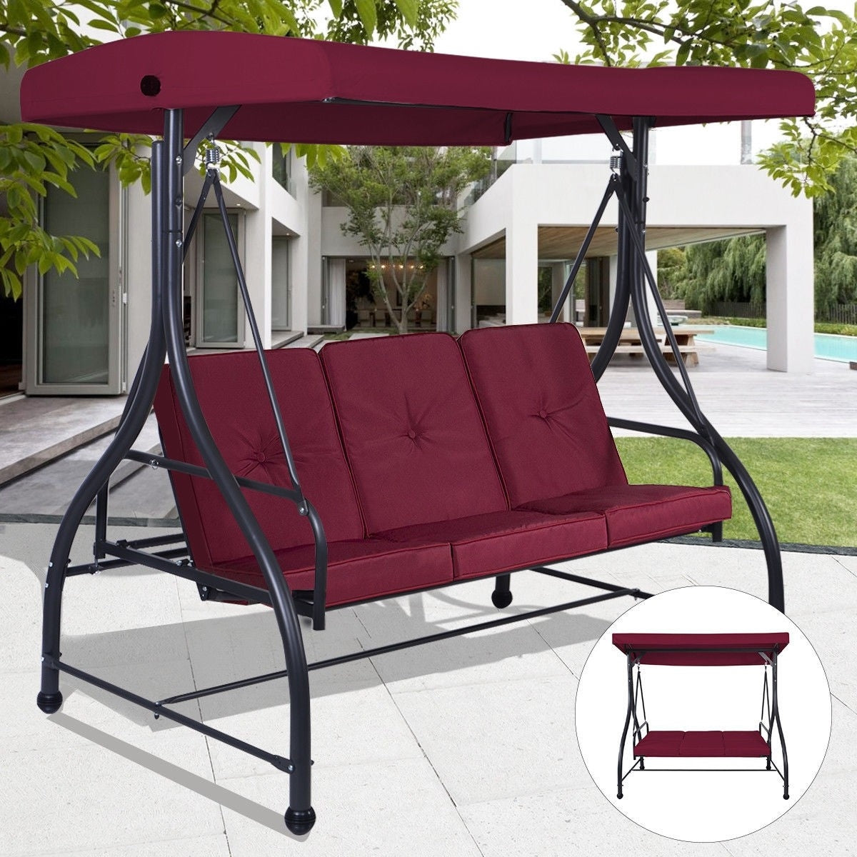 Wine Adjustable 3 Seat Cushioned Porch Patio Canopy Swing Chair