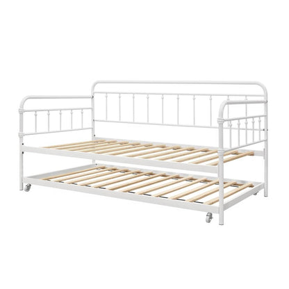 Twin size Traditional White Rounded Iron Daybed with Roll Out Trundle Bed Frame