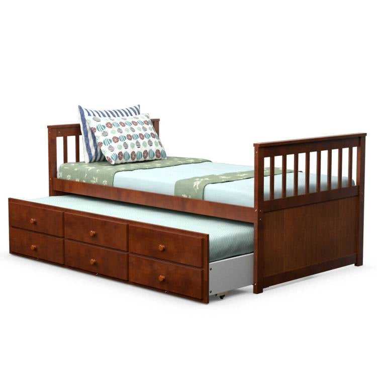 Walnut Twin/Twin Captains Bed with Pull Out and 3 Drawer Storage