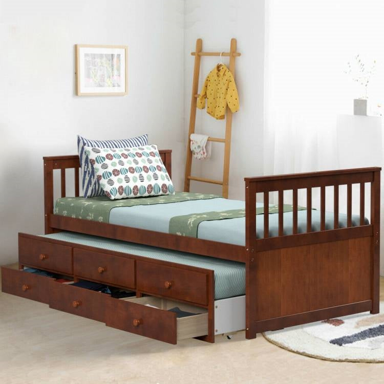 Walnut Twin/Twin Captains Bed with Pull Out and 3 Drawer Storage